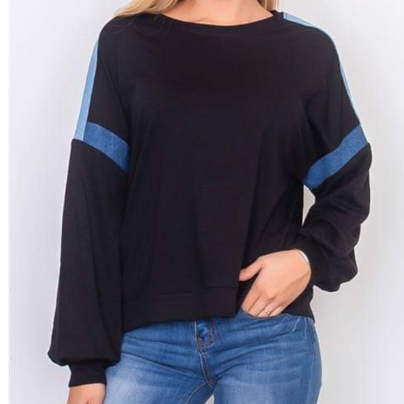 DENIM STRIPE CONTRAST BLACK TOP - Picture 2 of 6